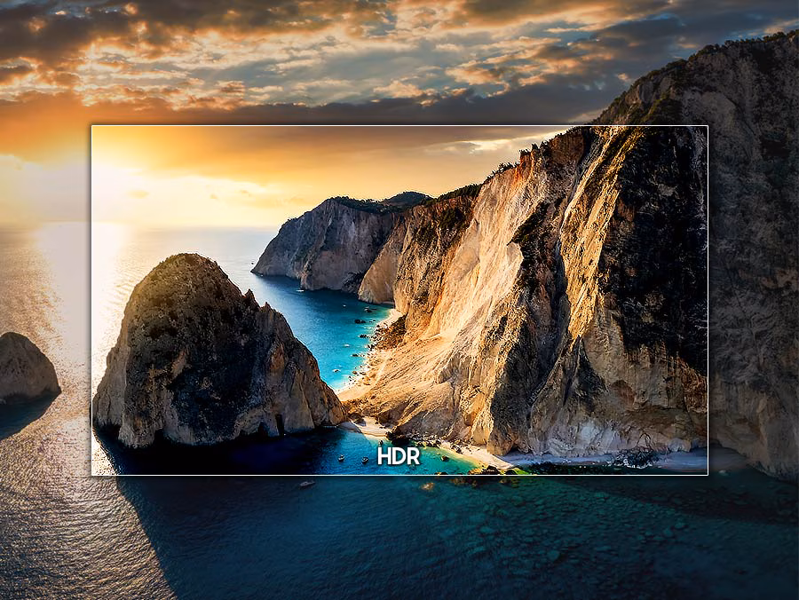 A scene of a magnificent cliff is highlighted in the shape of a TV and optimized with HDR into a picture with enhanced colors, details and clarity.