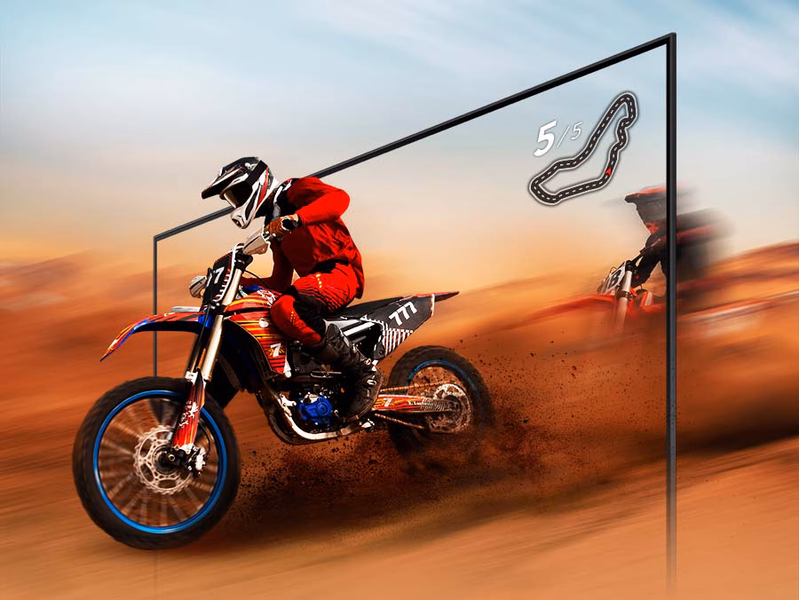 A dirt bike racer looks clear and visible inside the TV screen because of TV motion xcelerator technology.