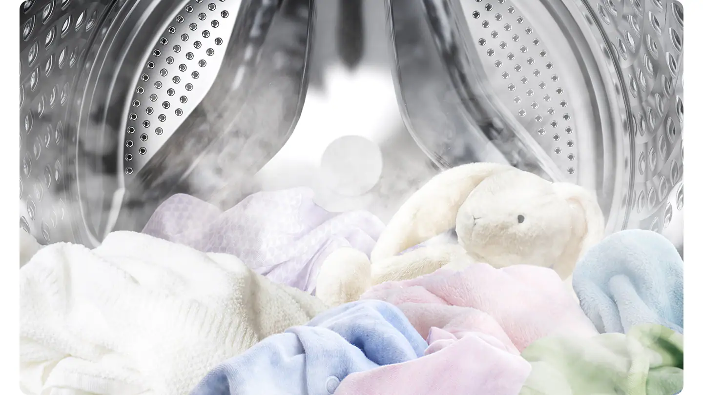 Steam is dispersed inside the washing machine and soak clothes in the drum.