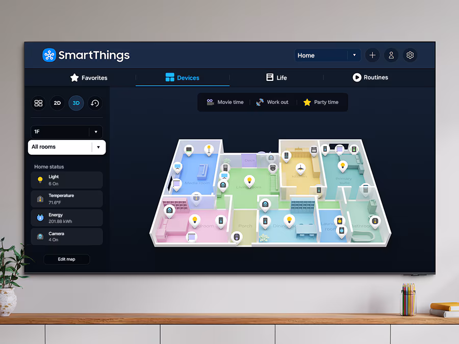 SmartThings on Samsung TV shows the 3D Map View of a home, mapping its various connected devices. The home status column on the side shows that lights and cameras are turned on, and displays the current temperature and energy consumption levels.