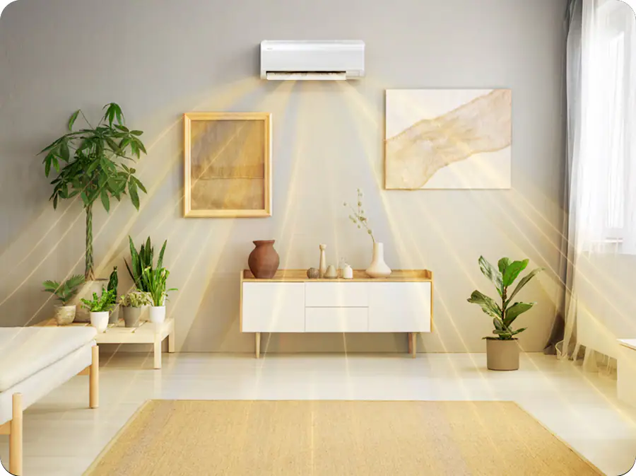 Shows warm air coming from the AR9500T indoor unit installed in the living room.