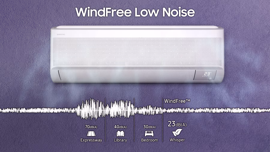 The indoor unit operating in WindFree mode is shown under the "WindFree Low Noise" label. At the bottom, noise levels are displayed by decibel, with 70dB(A) for an expressway, 40dB(A) for a library, 30dB(A) for a bedroom, and 23dB(A) for WindFree, labeled as "Whisper".