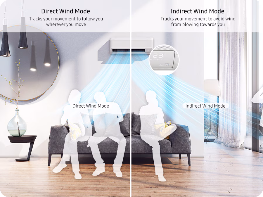 Shows how the Motion Detect Sensor can work in two different ways. In Direct Wind Mode it tracks your movement to follow you wherever you move. In Indirect Wind Mode it tracks your movement to prevent wind from blowing towards you.