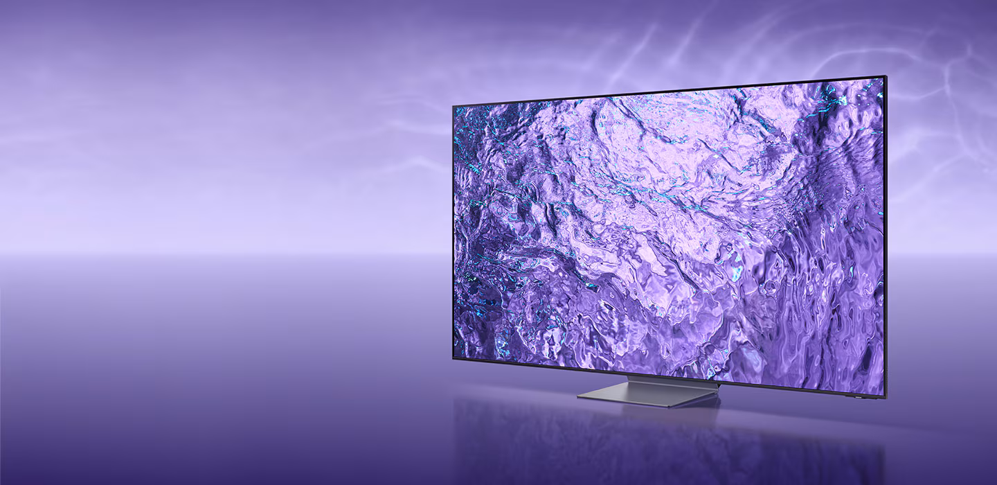 A Neo QLED TV is displaying purple graphic on its screen in front of a purple background.