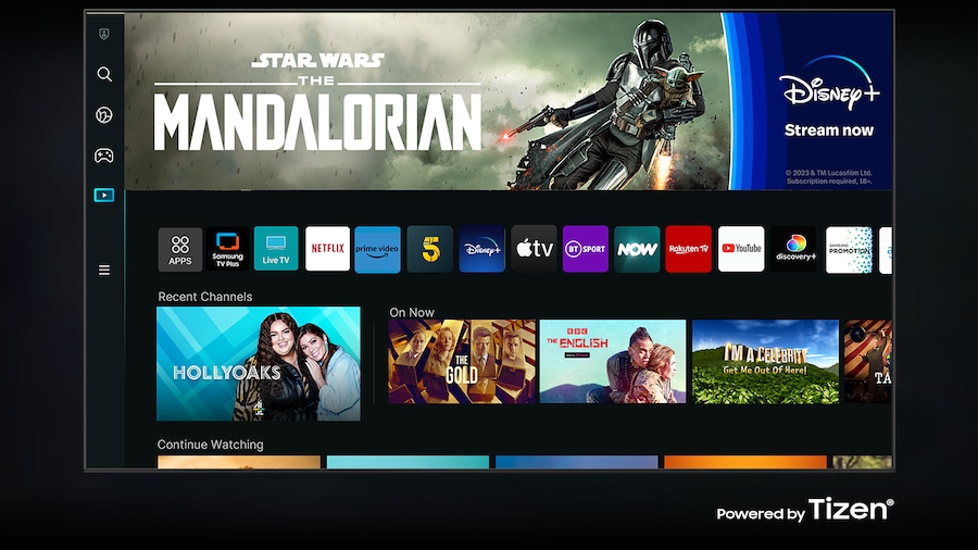 The new Smart Hub UI powered by Tizen is displayed to show a wide variety of OTT services and content being serviced.